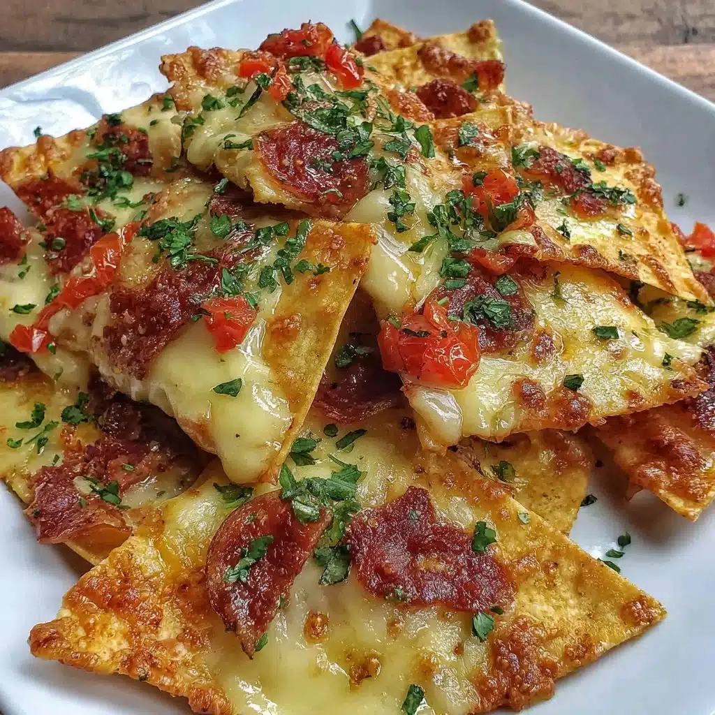 Air Fryer Pizza Nachos topped with cheese, pepperoni, and jalapeños.