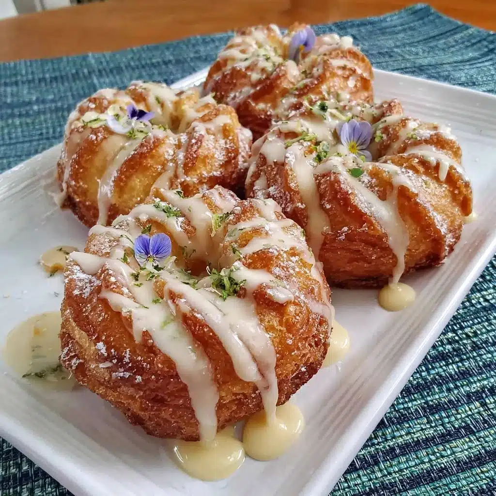 Air fryer puff pastry donuts with vanilla glaze and edible blossoms on a plate