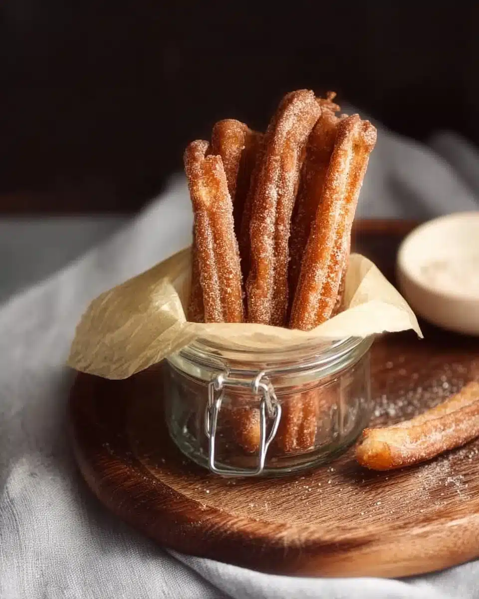 Air fryer rice paper churros served with chocolate sauce and sprinkled sugar