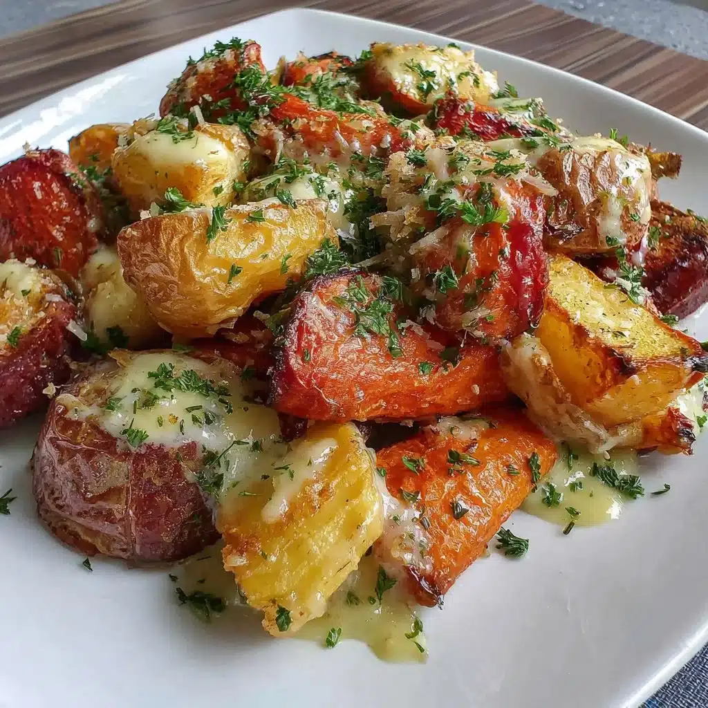 Bowl of crispy air fryer roasted root vegetables including carrots, parsnips, and potatoes.
