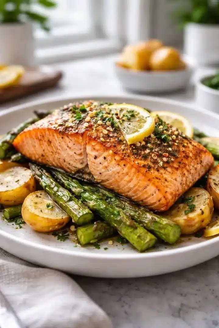 Delicious Air Fryer Salmon served with fresh herbs and lemon slices