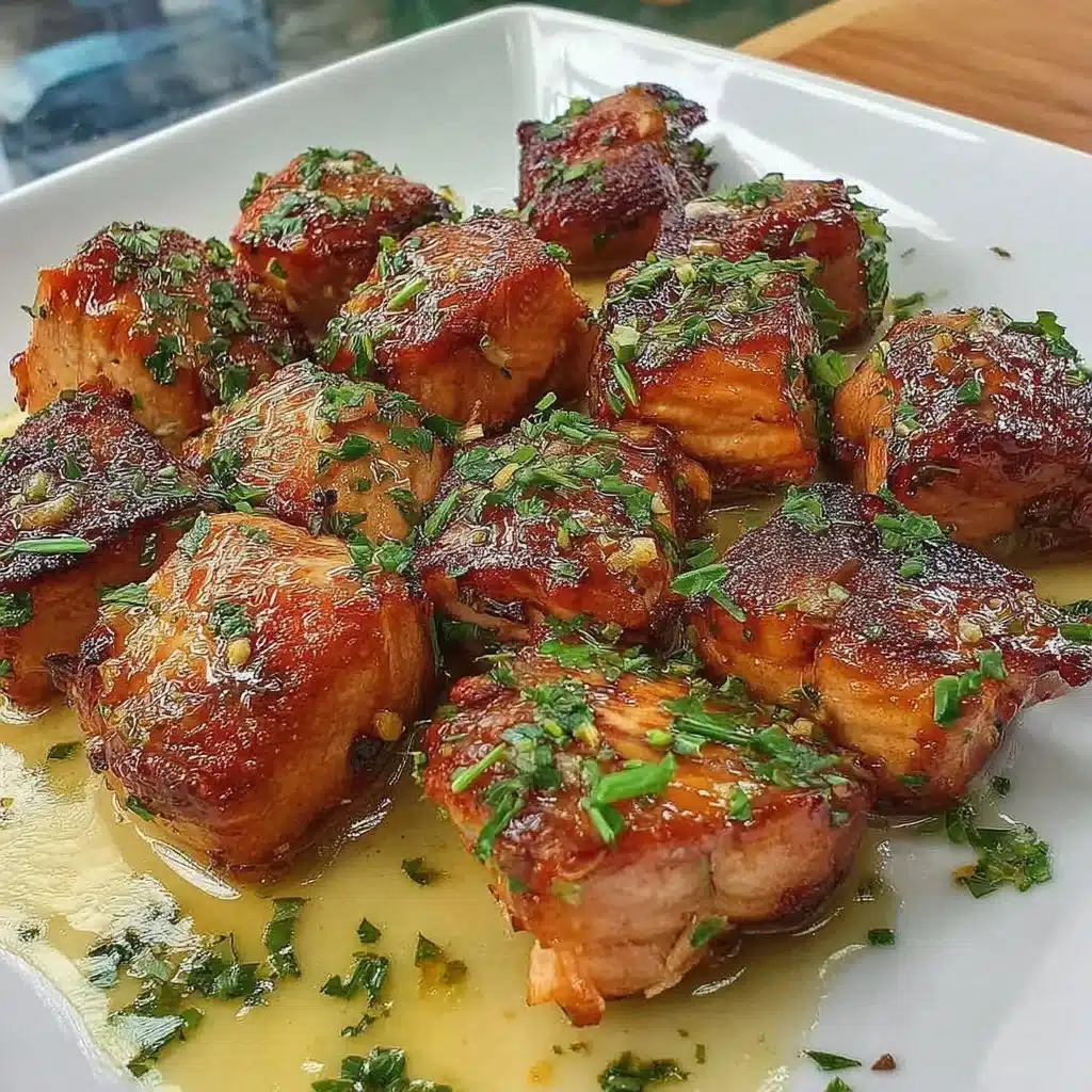 Air fryer salmon bites with savory and sweet soy marinade on a plate.