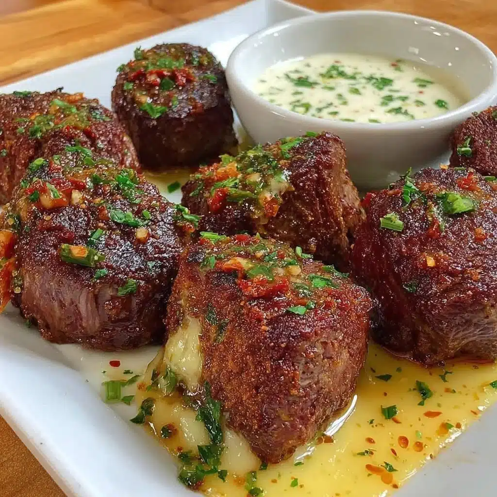 Juicy air fryer steak bites served on a white plate with herbs