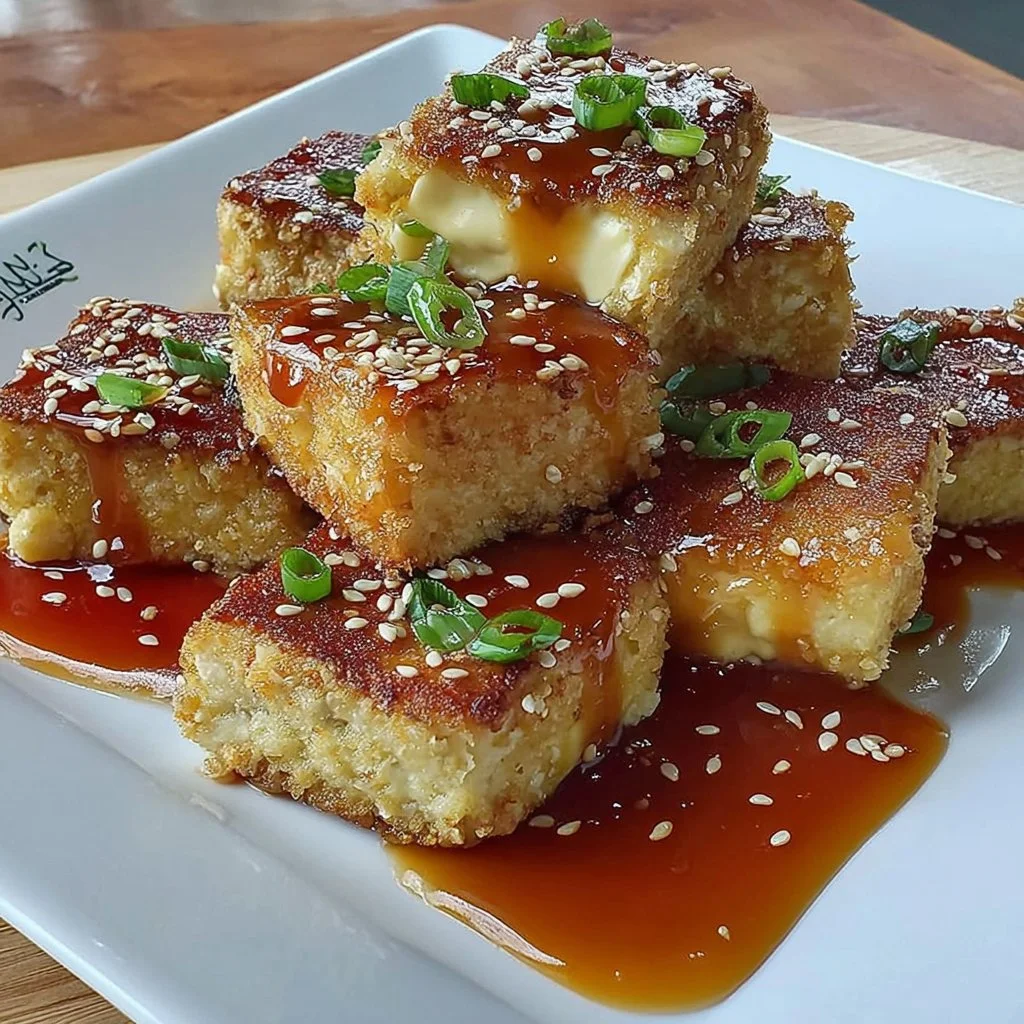 Crispy air fryer tofu drizzled with sticky sesame sauce on a plate