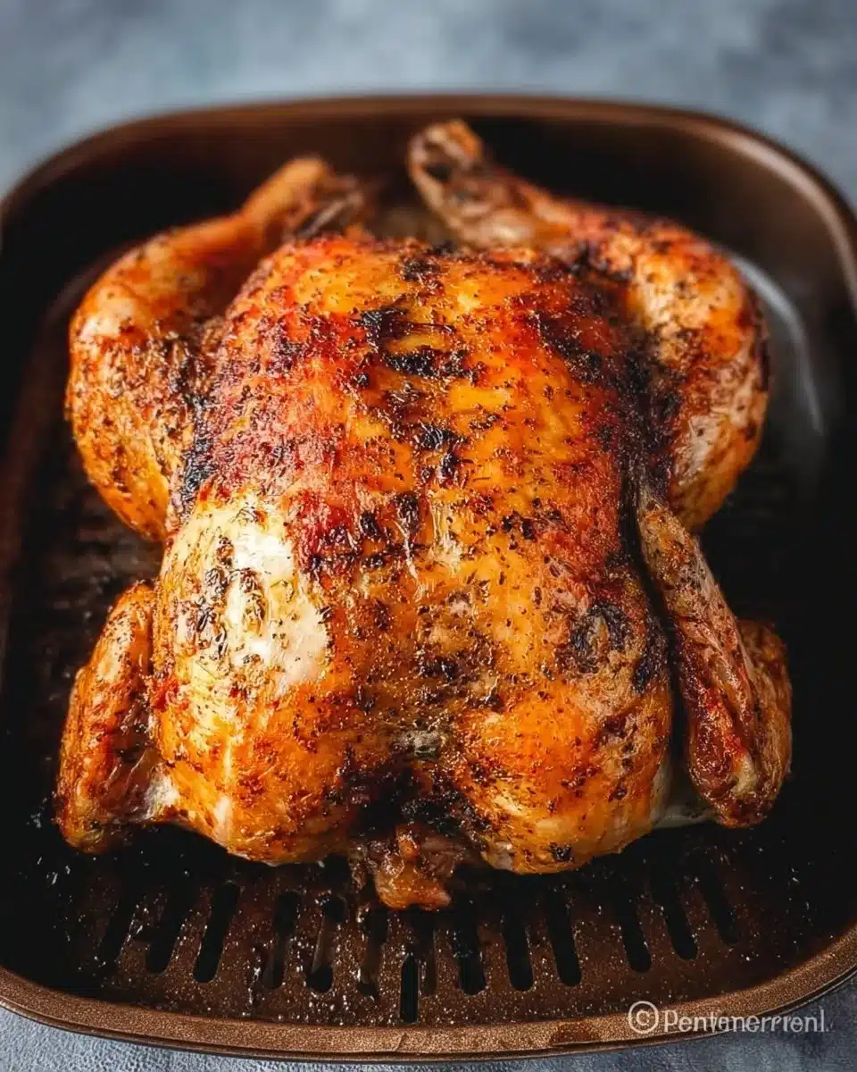 Juicy air fryer whole chicken cooked to perfection, served with vegetables.
