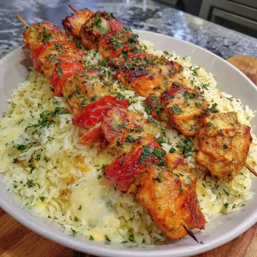 Airfryer Tandoori Chicken Skewers served with rice on a plate