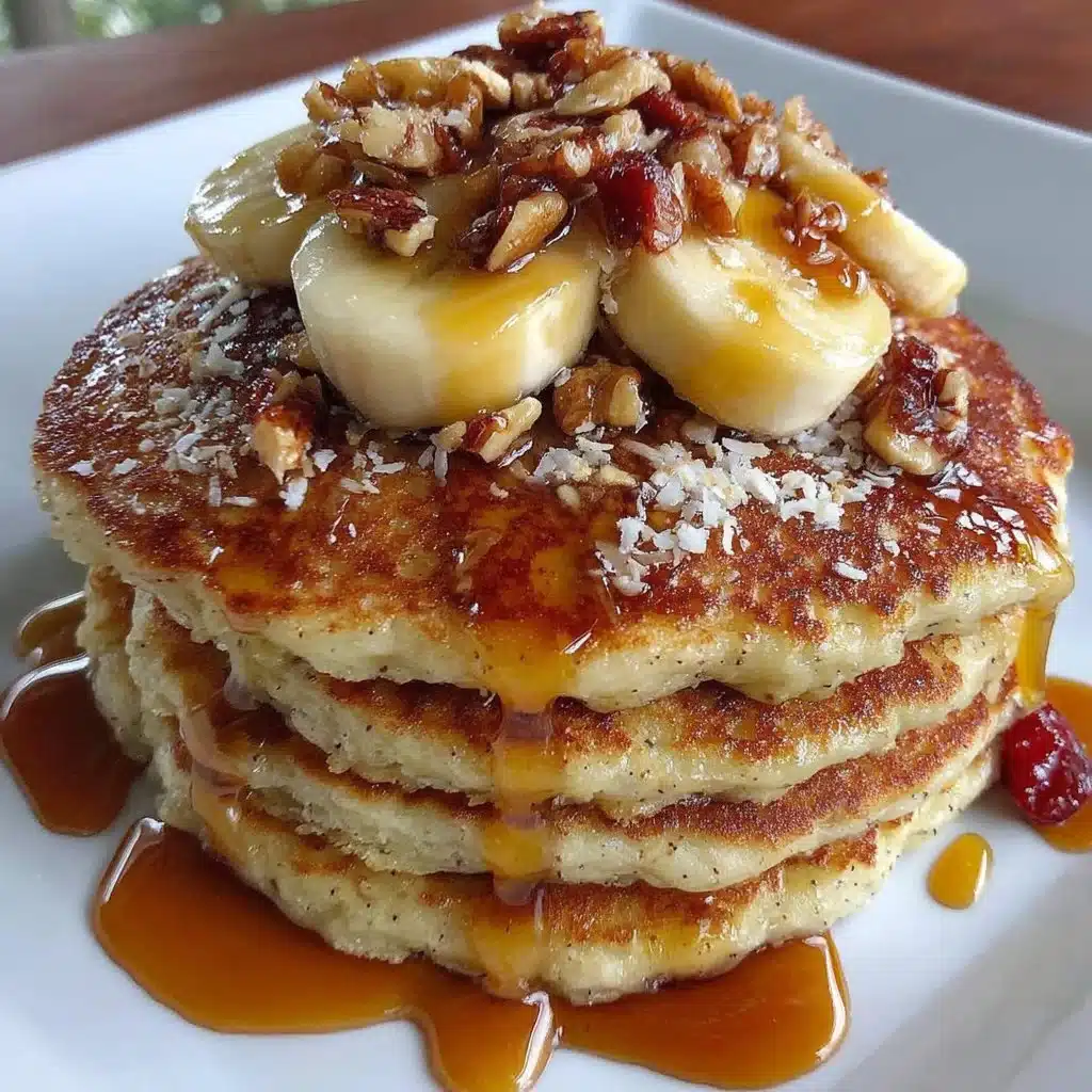 Delicious banana oatmeal pancakes served with maple syrup and fresh fruit