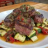 Delicious air-fried beef and zucchini dish ready to serve.