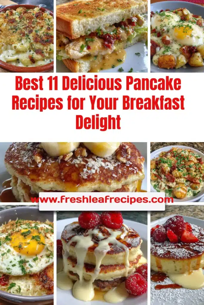 A variety of delicious pancakes stacked with toppings and syrup for breakfast