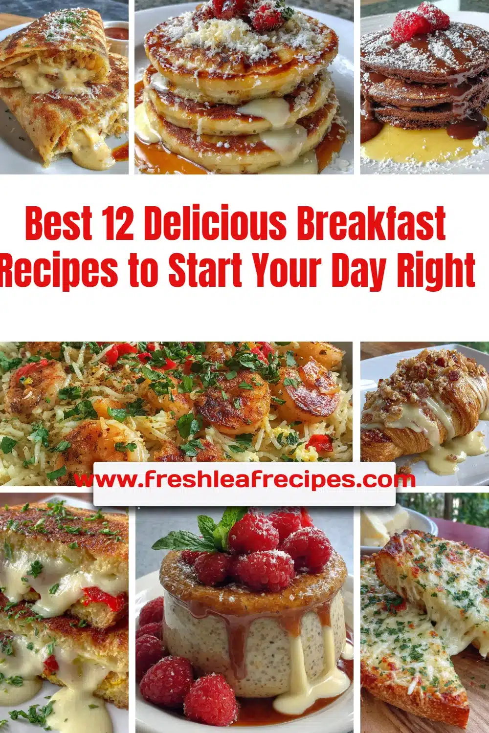 A variety of delicious breakfast recipes including pancakes, smoothies, and omelets.