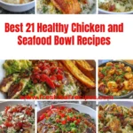 Colorful healthy chicken and seafood bowls with fresh vegetables and toppings.