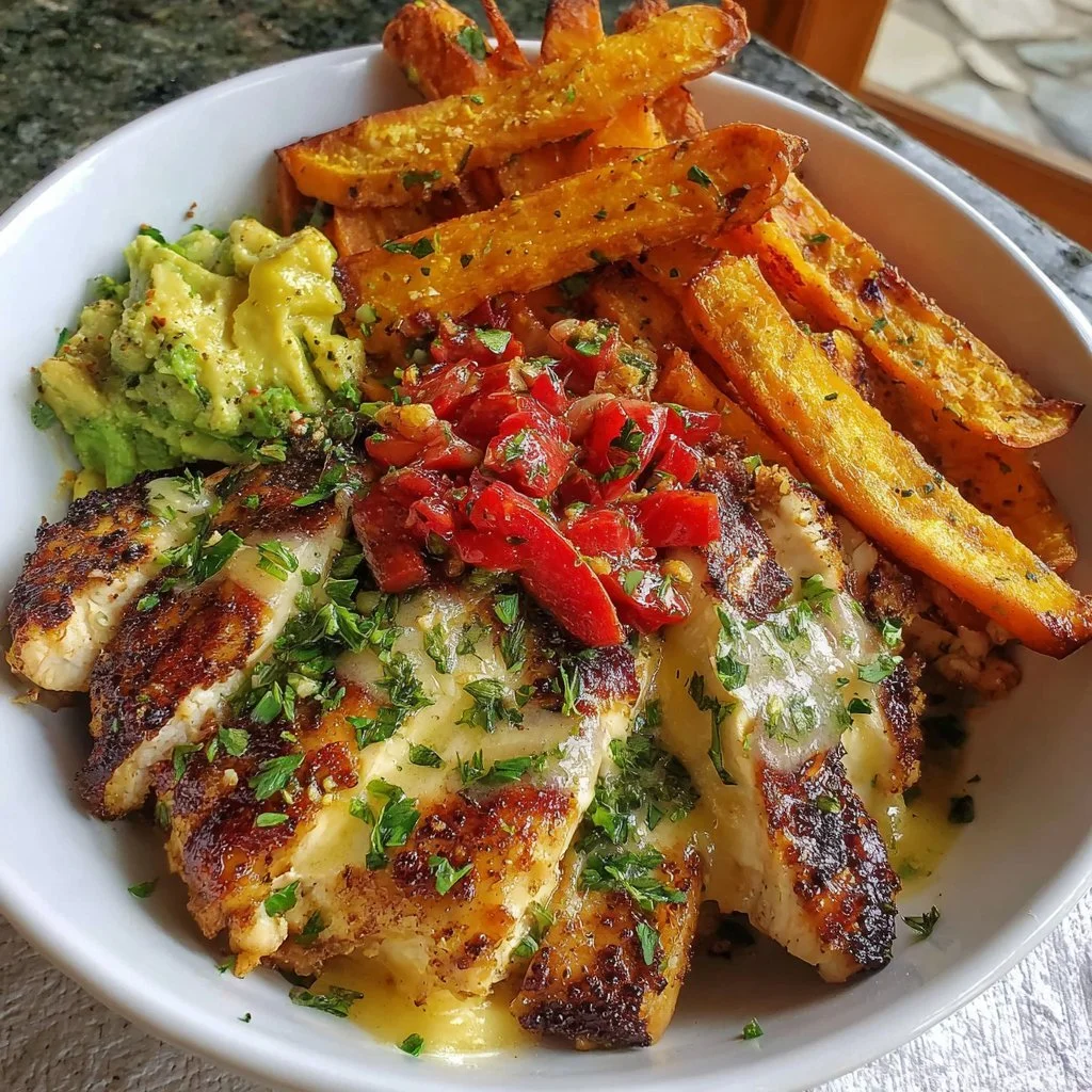 Grilled Herb Chicken Bowl with Sweet Potato Fries & Avocado Salsa