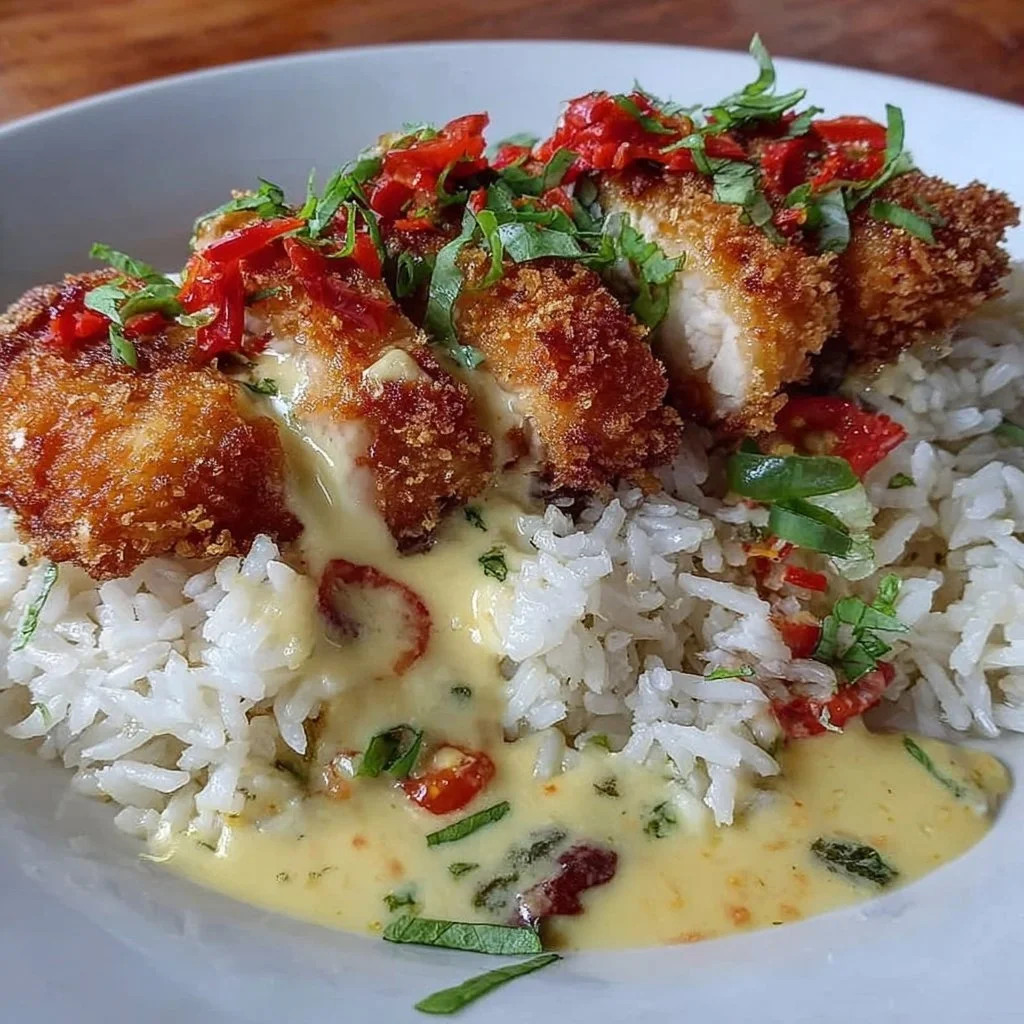 Crispy Chicken with Creamy Spicy Sauce over Jasmine Rice