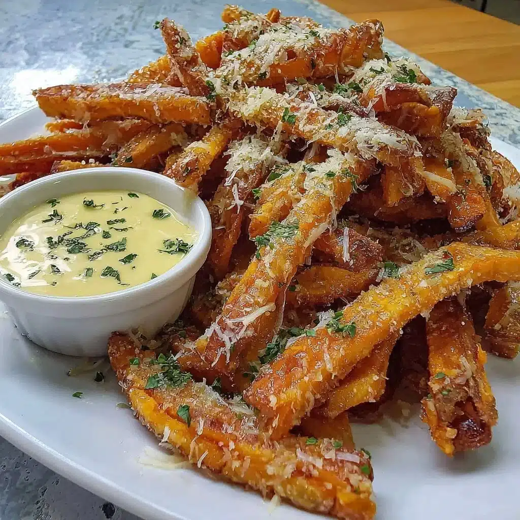 Crispy air fryer sweet potato fries served with dipping sauce on a plate.