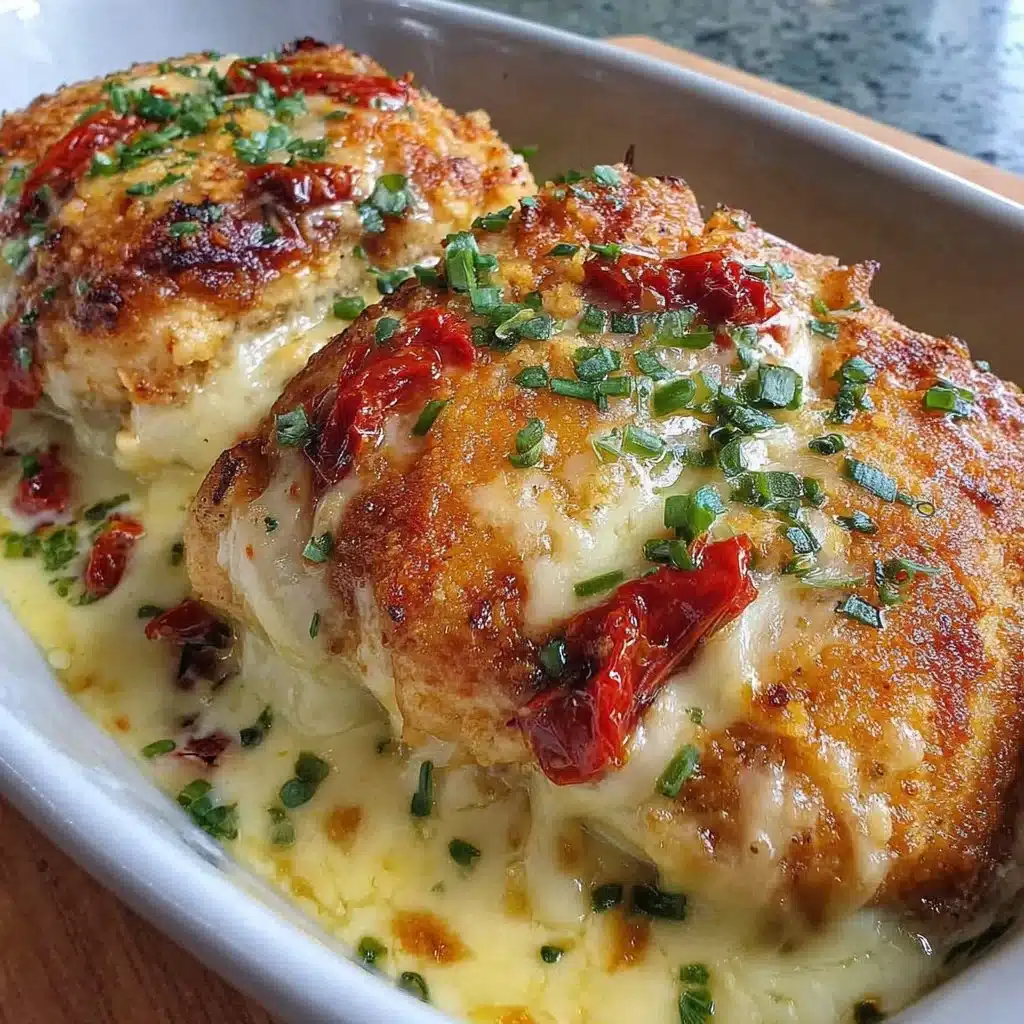 Delicious cheesy chicken bake dish served on a white plate.