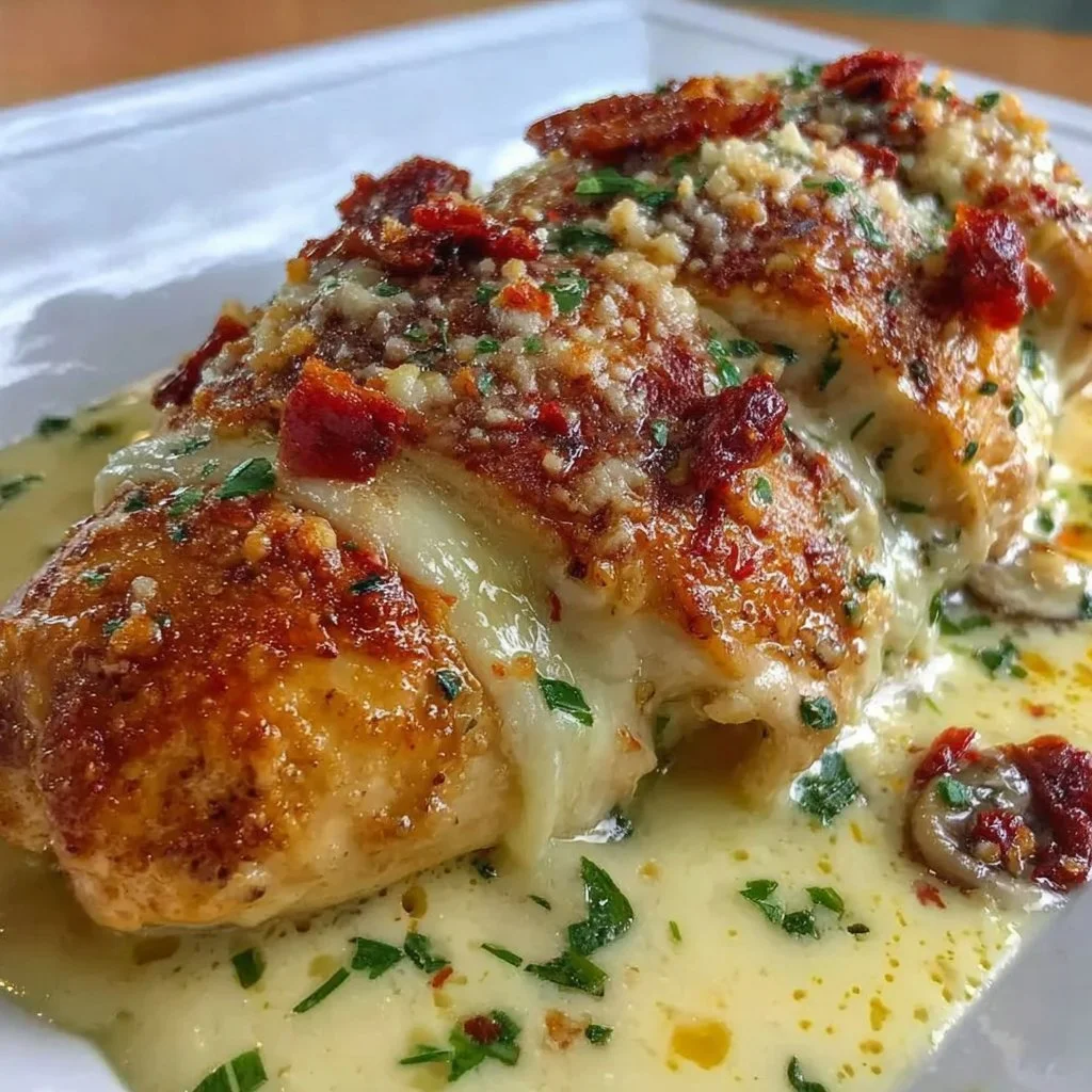 Cheesy Garlic Butter Mushroom Stuffed Chicken dish served on a plate.