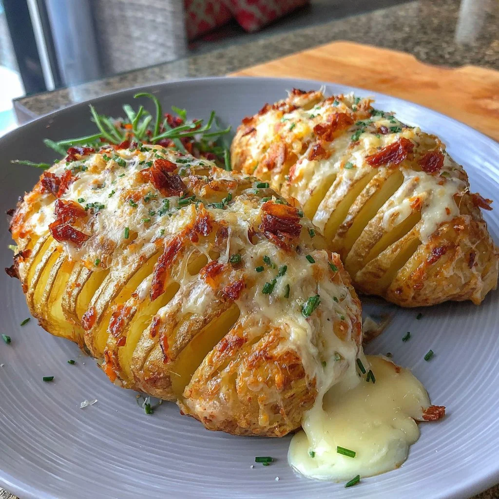 Cheesy Hasselback Potatoes cooked in an Air Fryer, golden and crispy.