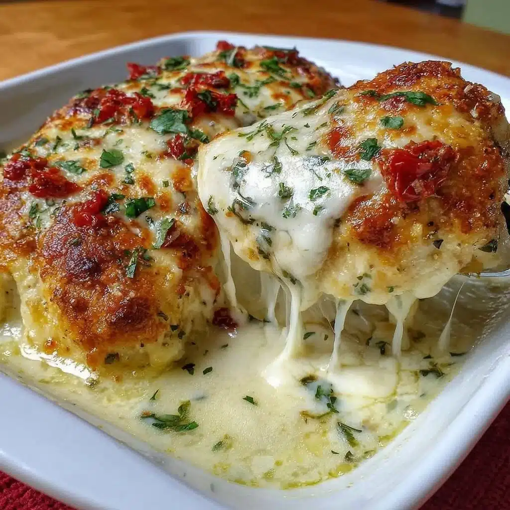 Cheesy Mozzarella Chicken Bake garnished with fresh herbs on a plate