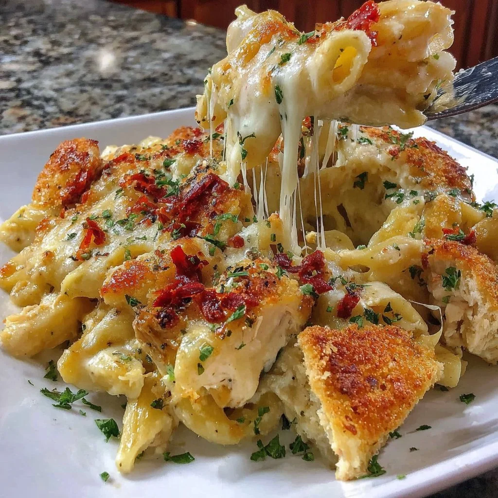 Creamy Chicken Alfredo Ziti Casserole topped with cheese and herbs