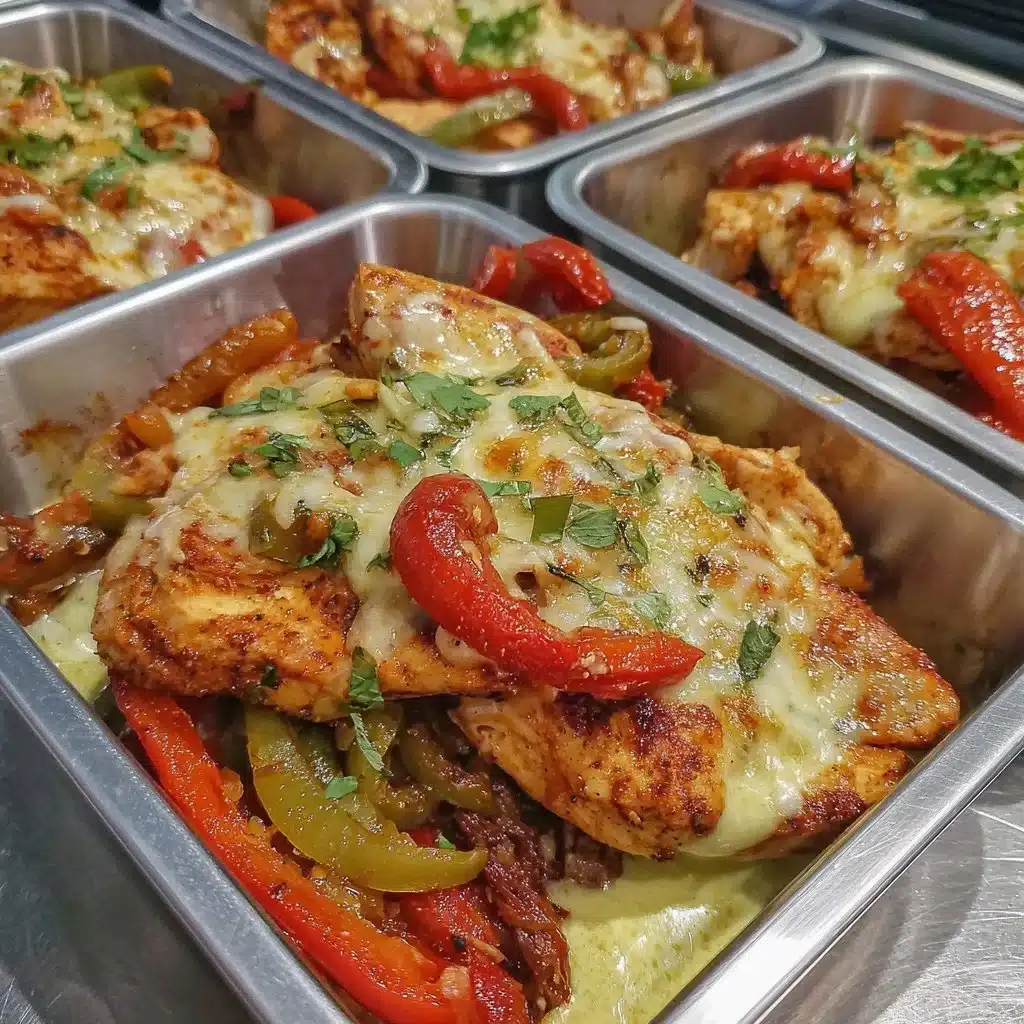 Colorful chicken fajita meal prep bowls with vegetables and rice