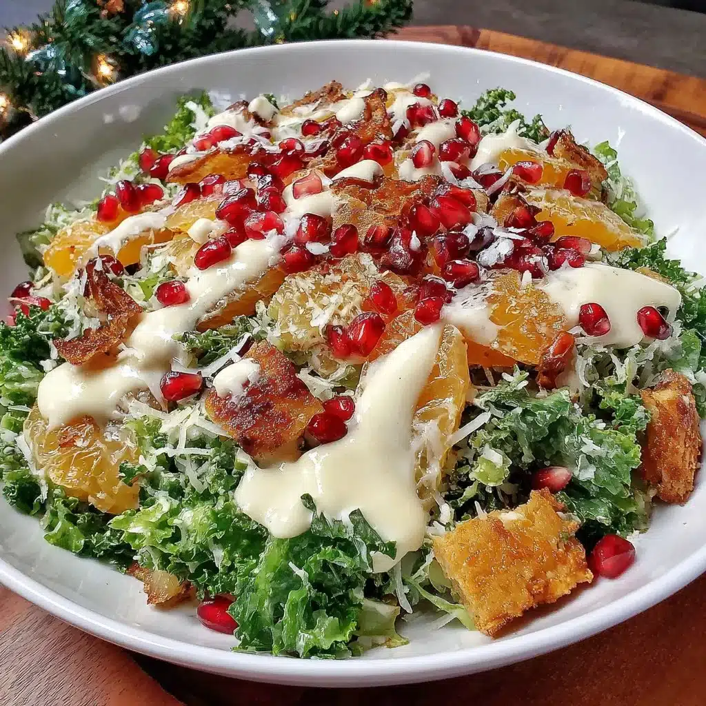 A vibrant Citrus Pomegranate Kale Salad with fresh ingredients and colorful toppings.