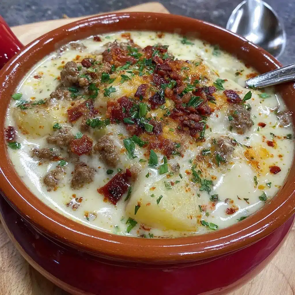 Bowl of classic ground beef potato soup garnished with herbs