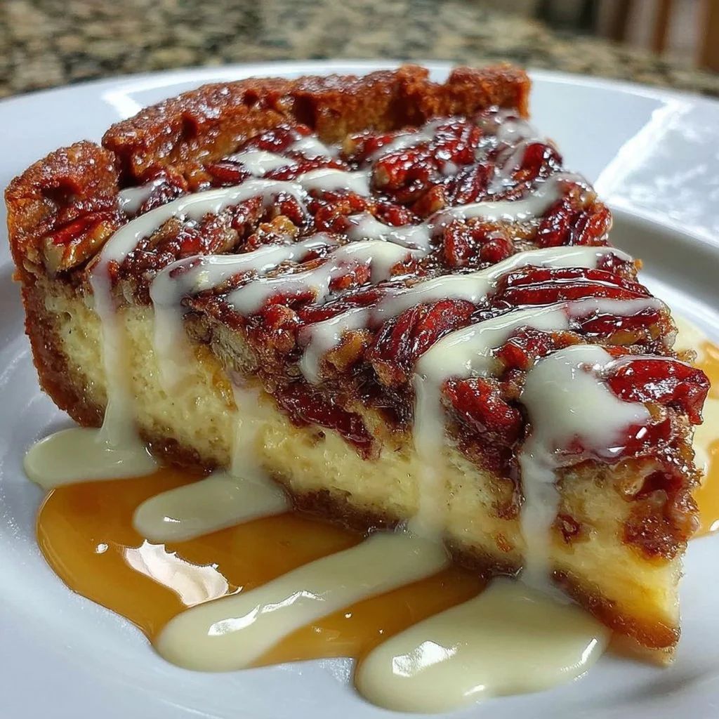 Delicious cream cheese pecan pie topped with pecans and a golden crust