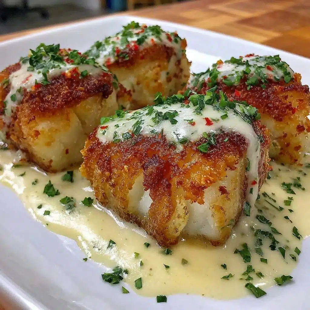 Crispy air fryer cod fillets drizzled with creamy herb sauce on a plate.