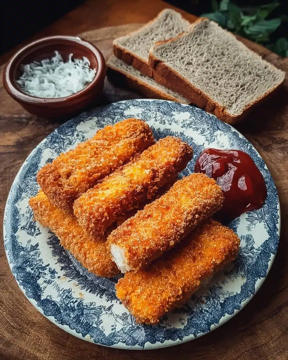 Crispy air fryer fish fingers served with dipping sauce on a plate