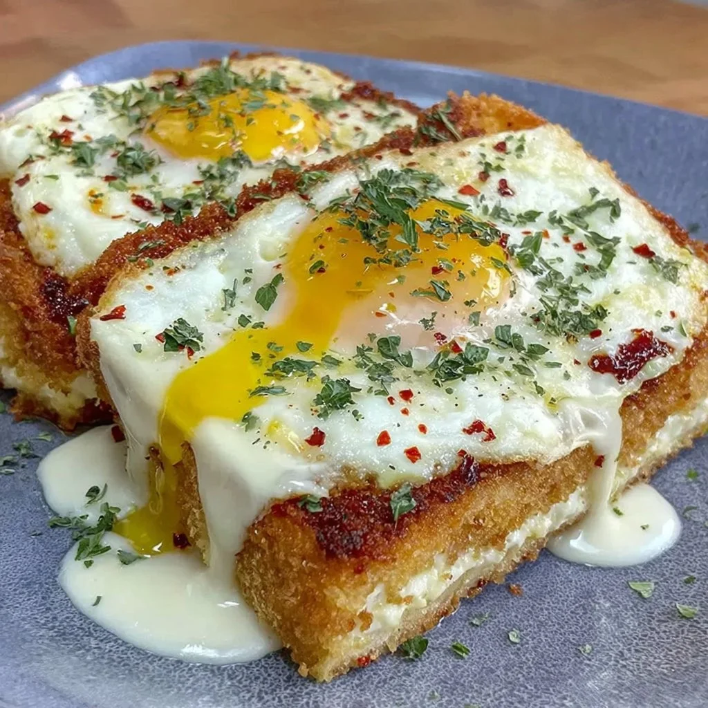 Delicious crispy egg toast topped with herbs and spices on a plate.