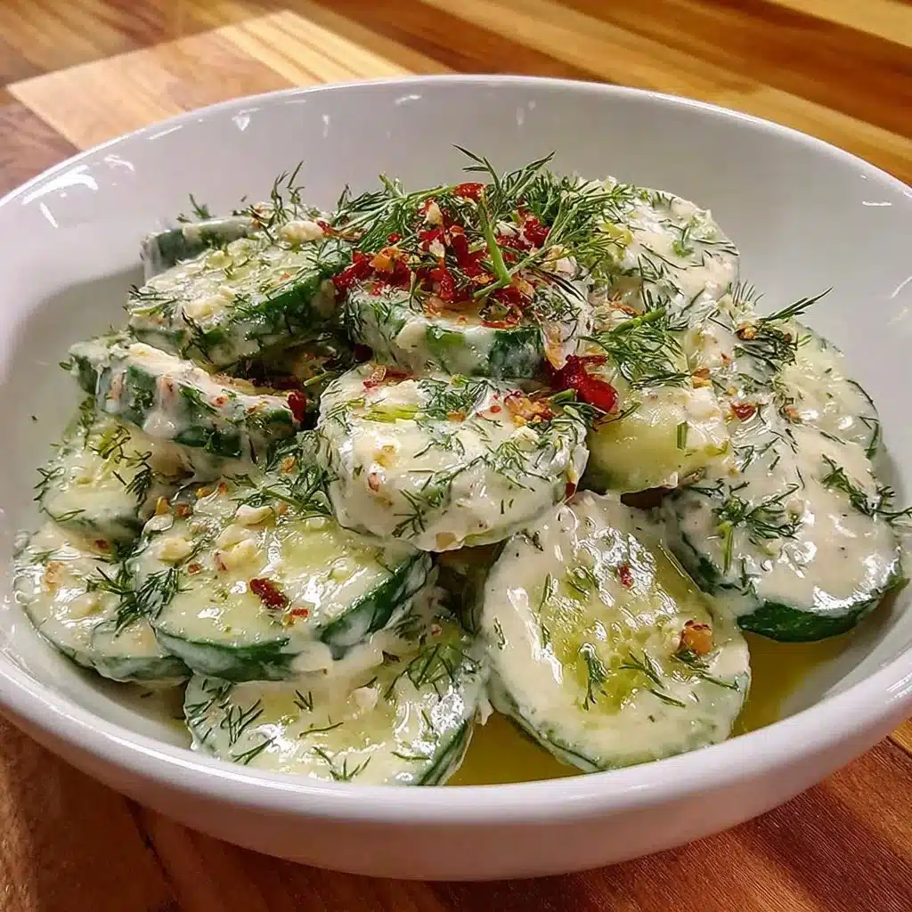 Fresh Cucumber Dill Salad with herbs and dressing in a bowl