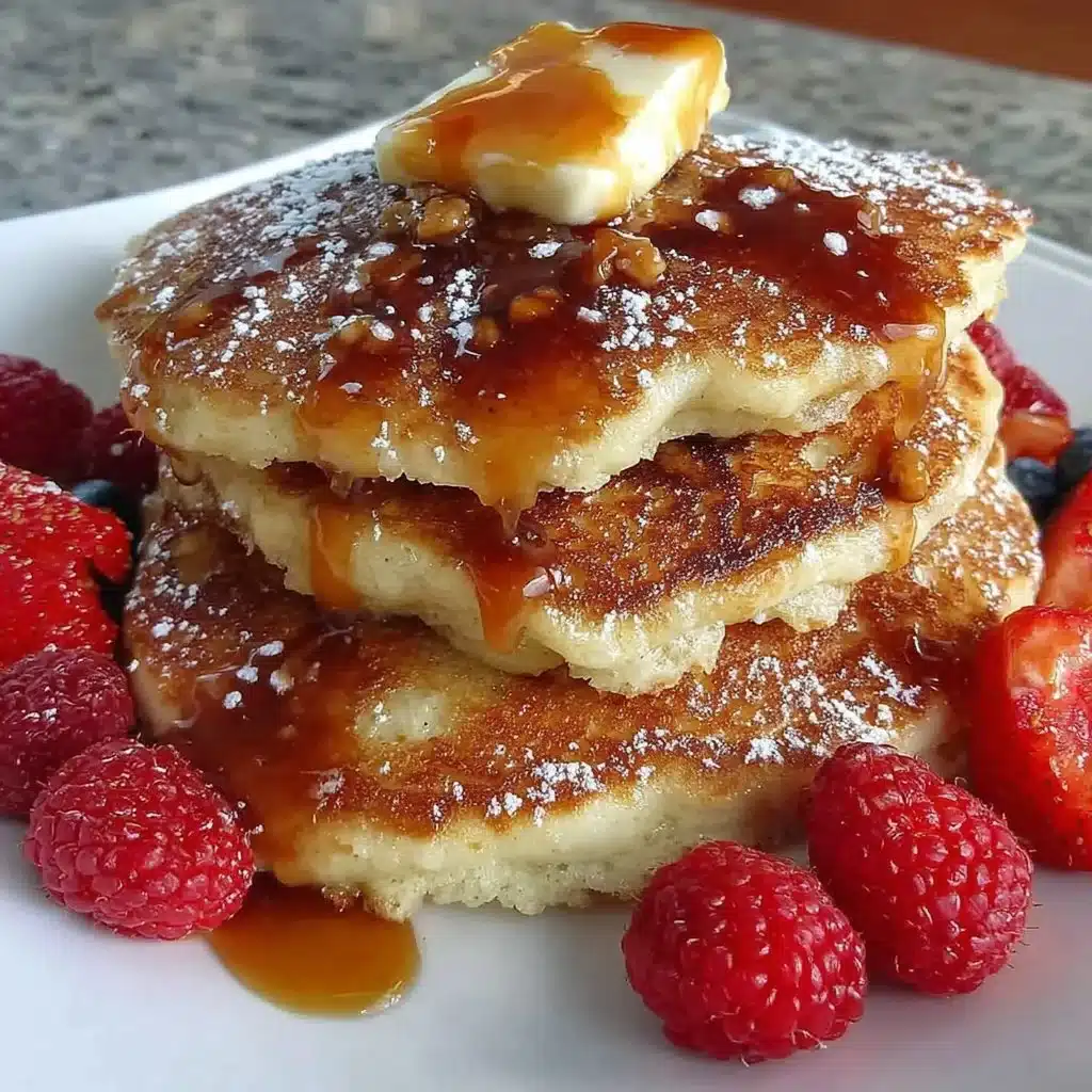 Deliciously fluffy pancakes stacked on a plate with syrup and berries