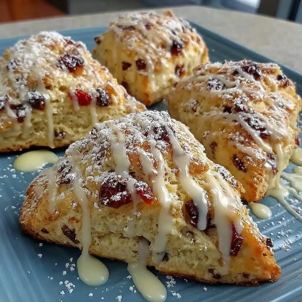 Freshly baked fruit scones with mixed berries on a wooden table.