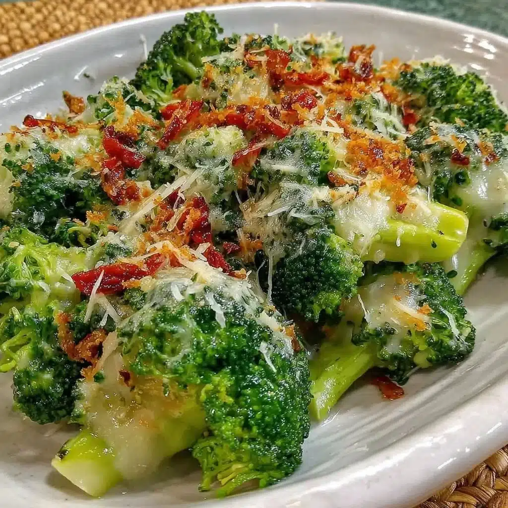 A plate of Garlic Parmesan Broccoli garnished with parmesan cheese and garlic.
