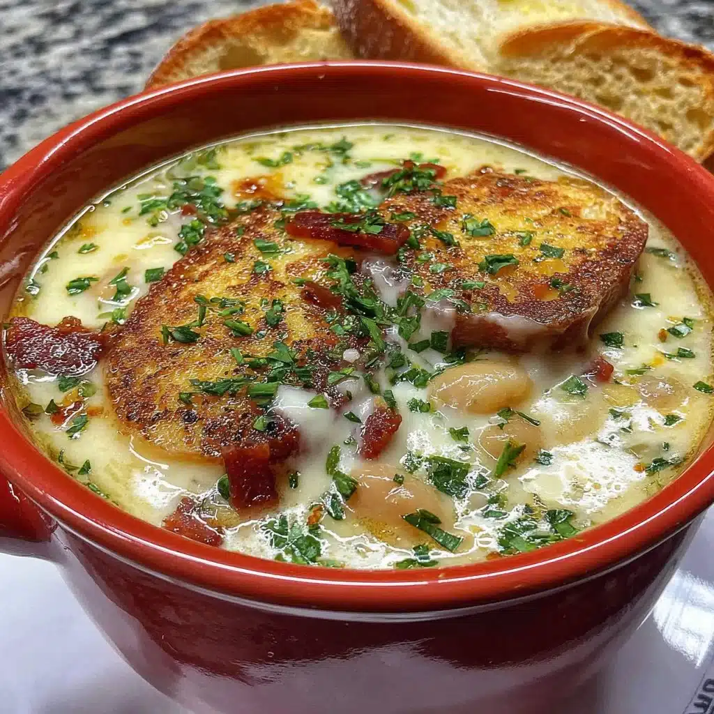 A warm bowl of Ham and Bean Soup garnished with herbs.