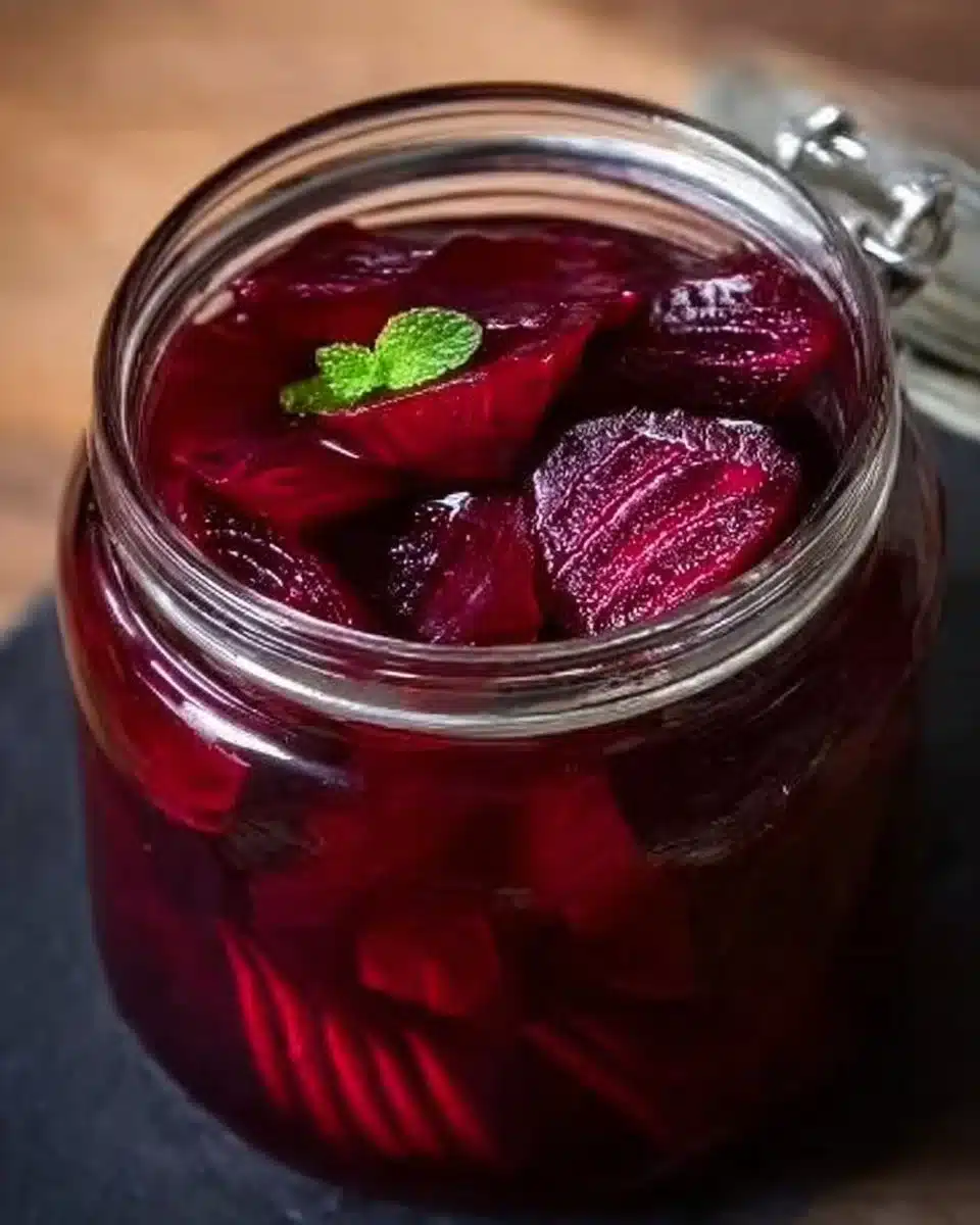 Healthy pickled beets in a glass jar with spices and herbs