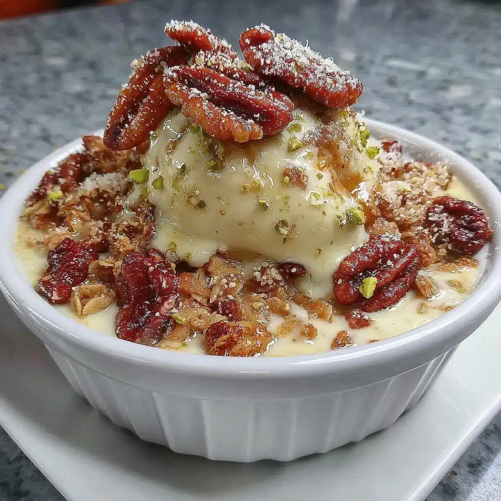 Bowl of Honey-Nut Granola with nuts and honey drizzle
