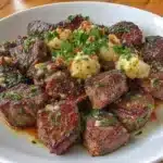 Garlic butter steak bites garnished with herbs on a wooden cutting board