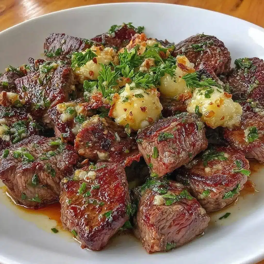 Garlic butter steak bites garnished with herbs on a wooden cutting board