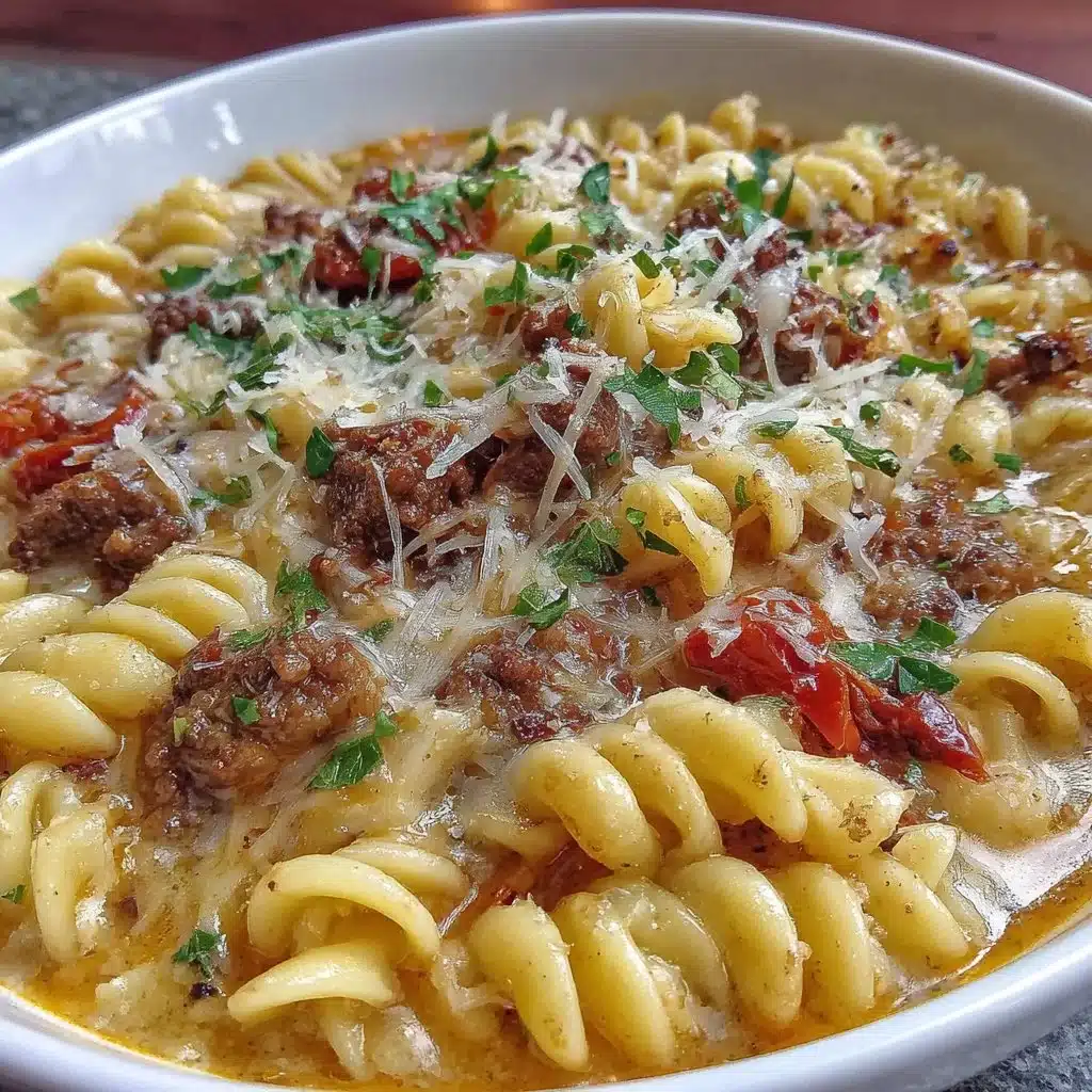 A hearty bowl of Italian ground beef pasta soup garnished with fresh herbs.