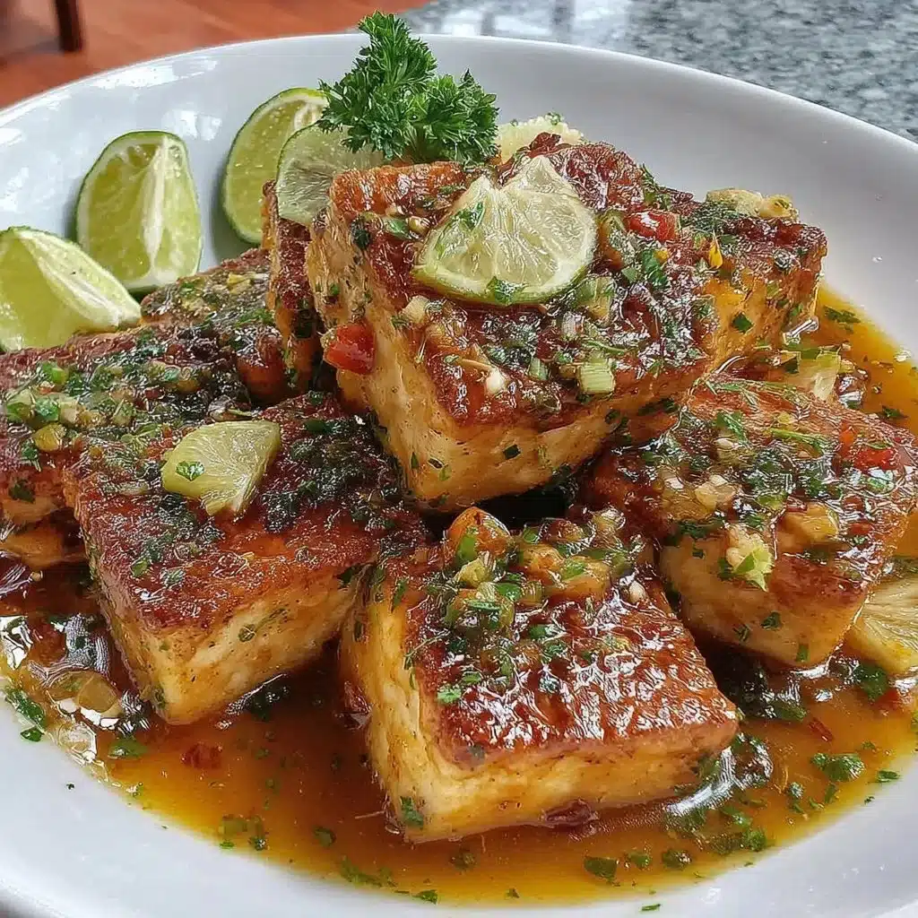 Plate of flavorful lemon pepper tofu garnished with herbs and spices