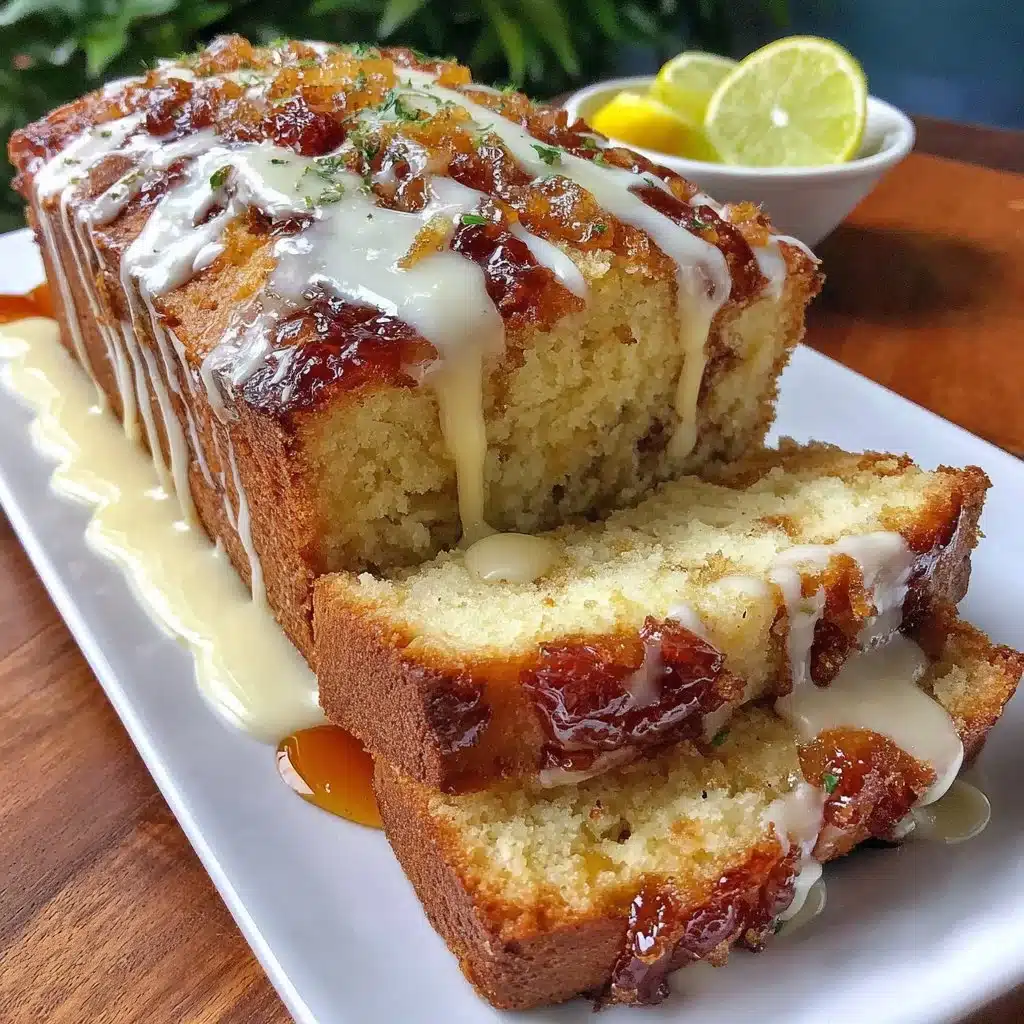 Freshly baked Lemon Rhubarb Loaf with bright lemon glaze and rhubarb slices