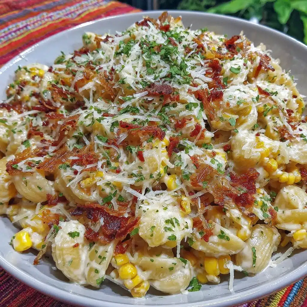 Delicious Mexican street corn pasta salad in a serving bowl with fresh ingredients.