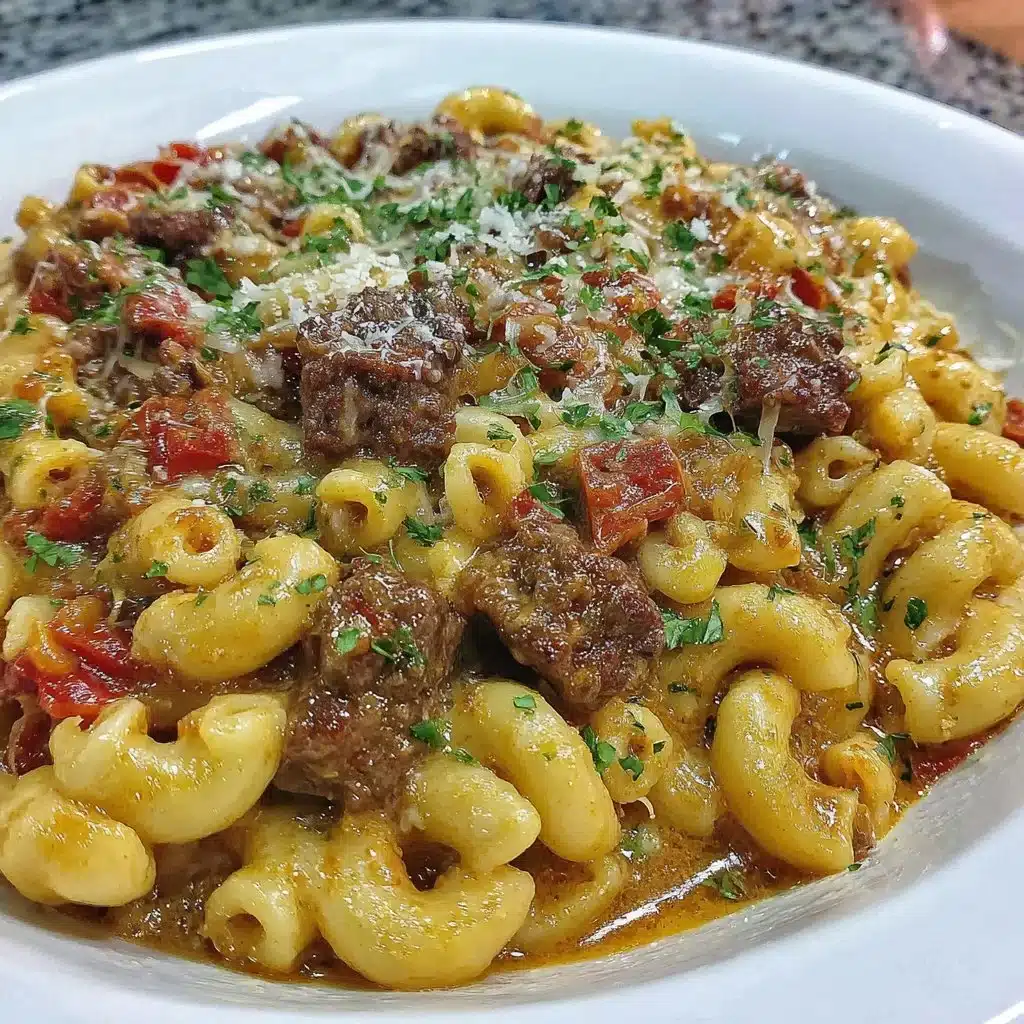 One-Pot Ground Beef Goulash in a rustic pot ready to serve