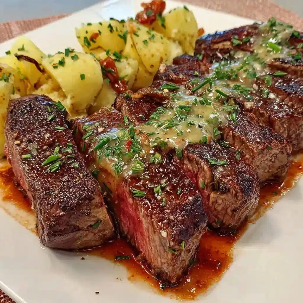 Delicious air fryer steak served with herbs and vegetables on a plate