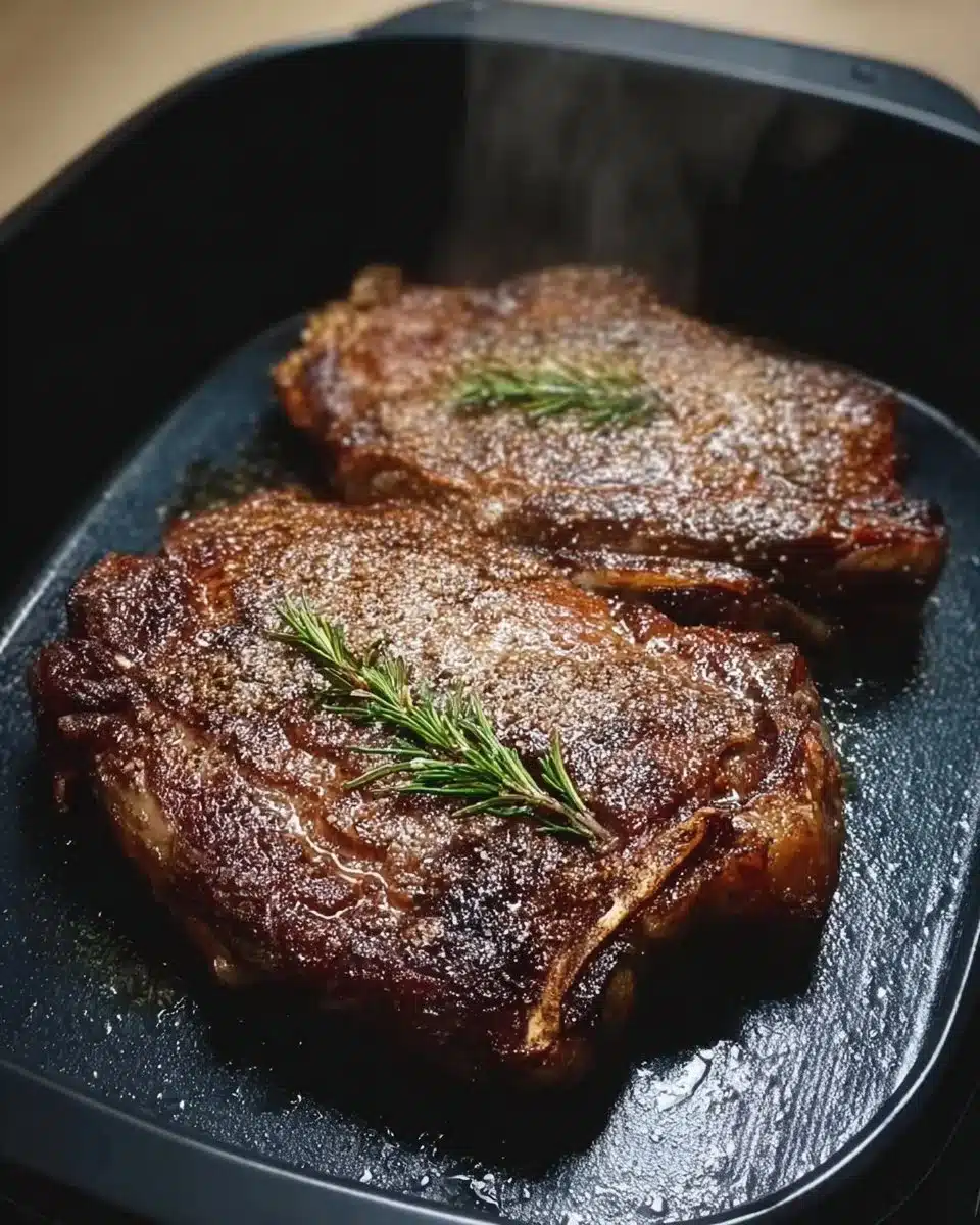 Juicy, perfectly cooked ribeye steaks sizzling on the grill