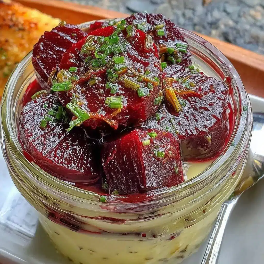 Jar of homemade pickled beets with spices and herbs