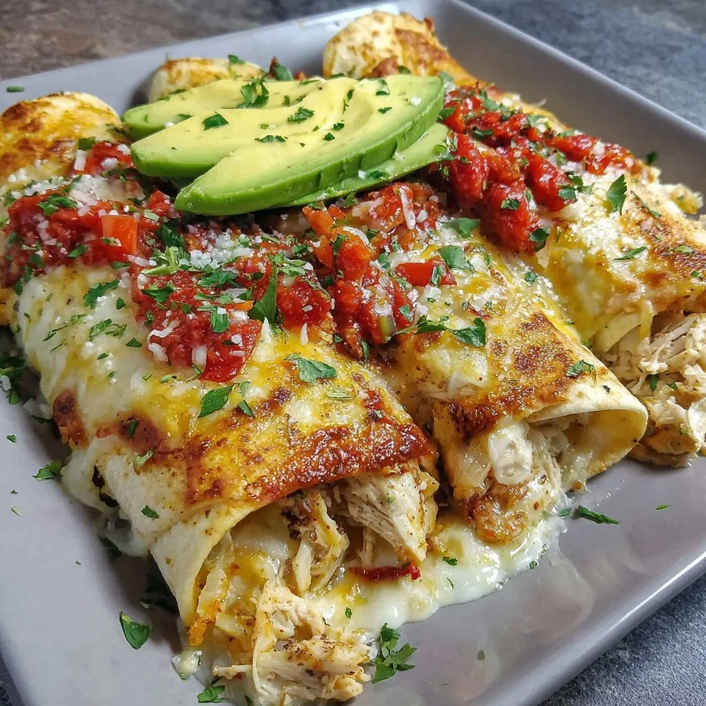 Queso chicken enchiladas served on a plate with toppings
