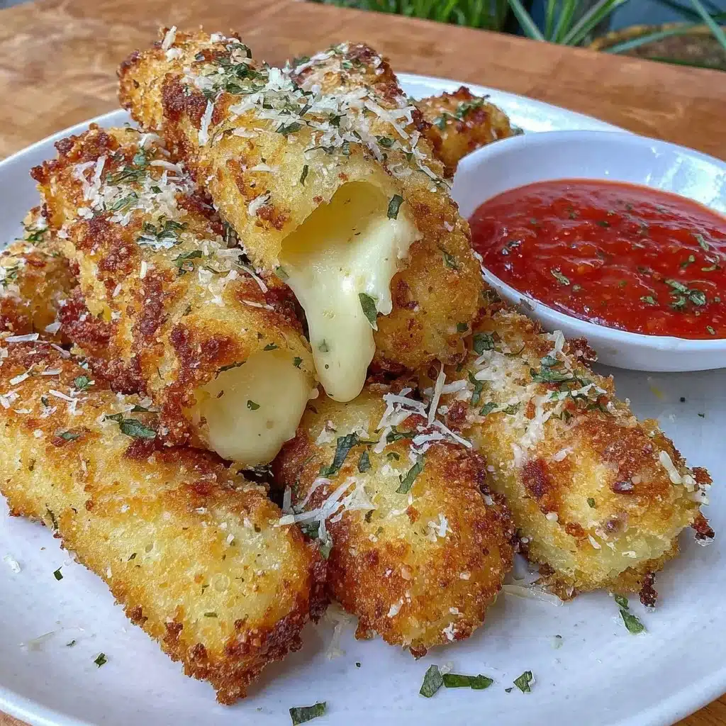 Golden brown air fryer mozzarella sticks served on a plate with marinara sauce