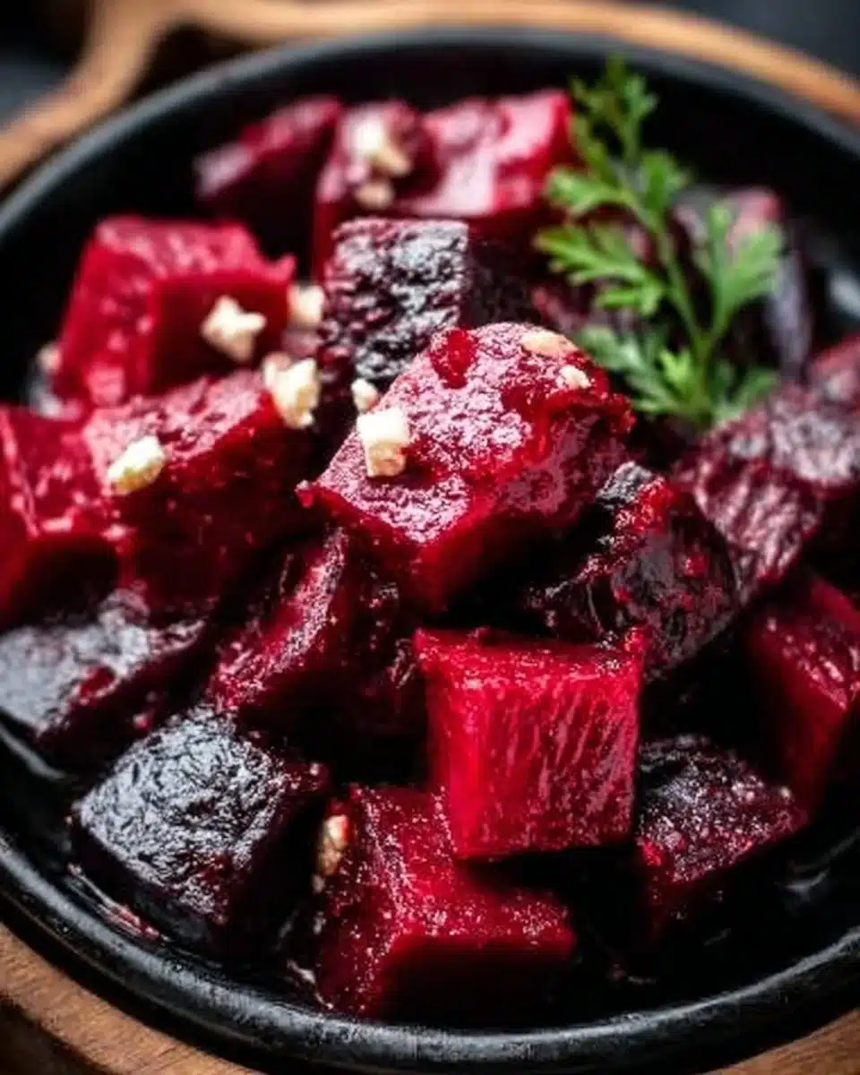 Plate of roasted beets topped with feta cheese and herbs